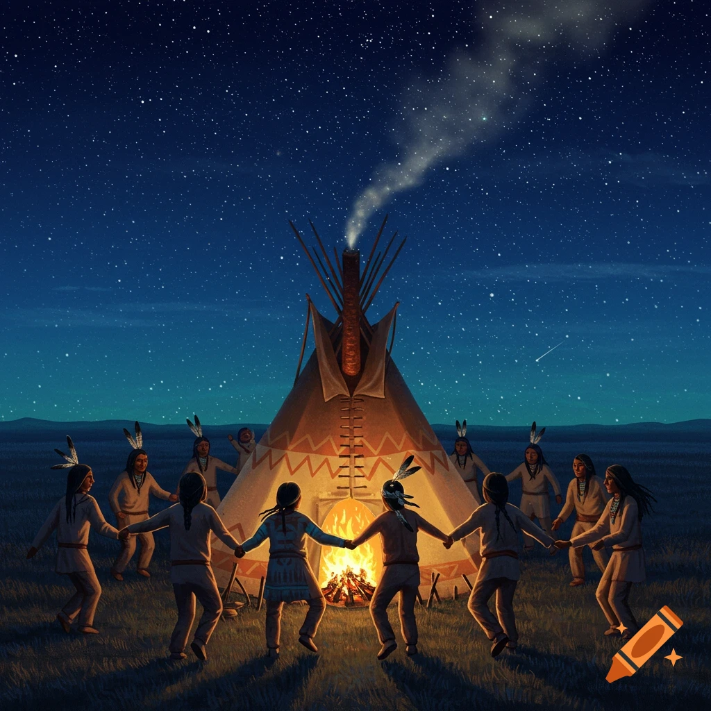 People dancing around a campfire outside a teepee at night under a starry sky.
