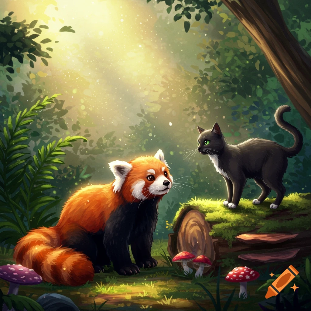 A red panda and a grey cat looking at each other in a sunny forest.