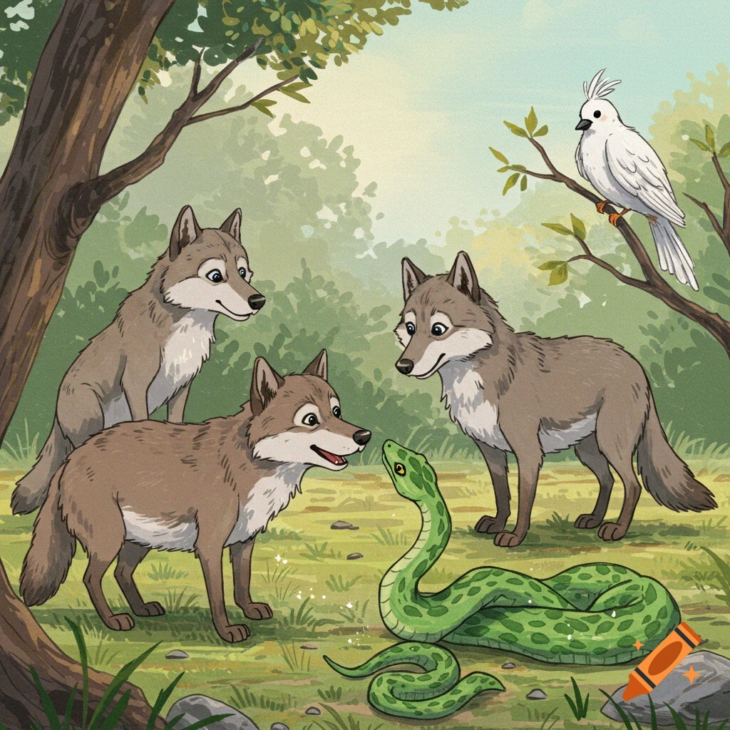 Illustration of three cartoon wolves, a green snake, and a white bird in a forest clearing.