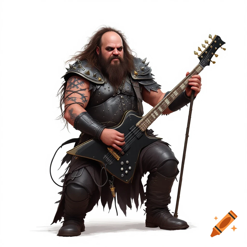 A man in fantasy armor plays a guitar.
