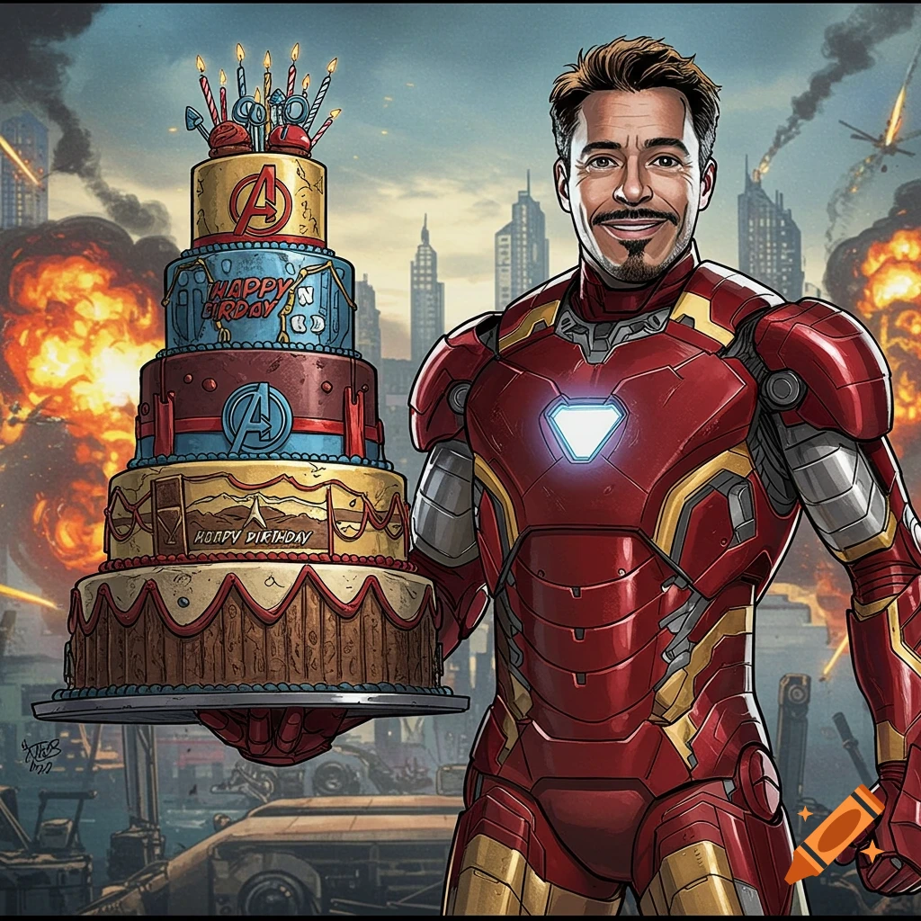 Comic art style image of Iron Man holding a large, decorated birthday cake with city explosions in the background.