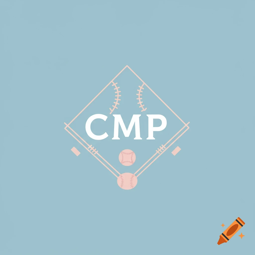 Baseball logo with CMP initials and two baseballs on a light blue background in light pink.
