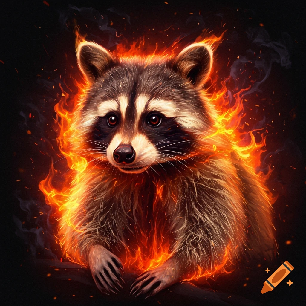 A raccoon surrounded by bright orange flames.