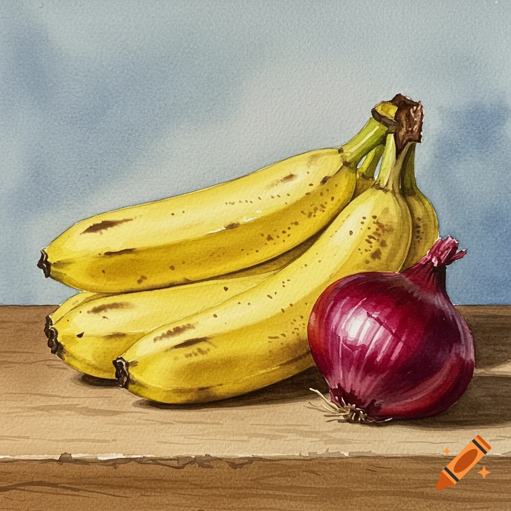 Watercolor still life of a bunch of bananas and a red onion on a table.