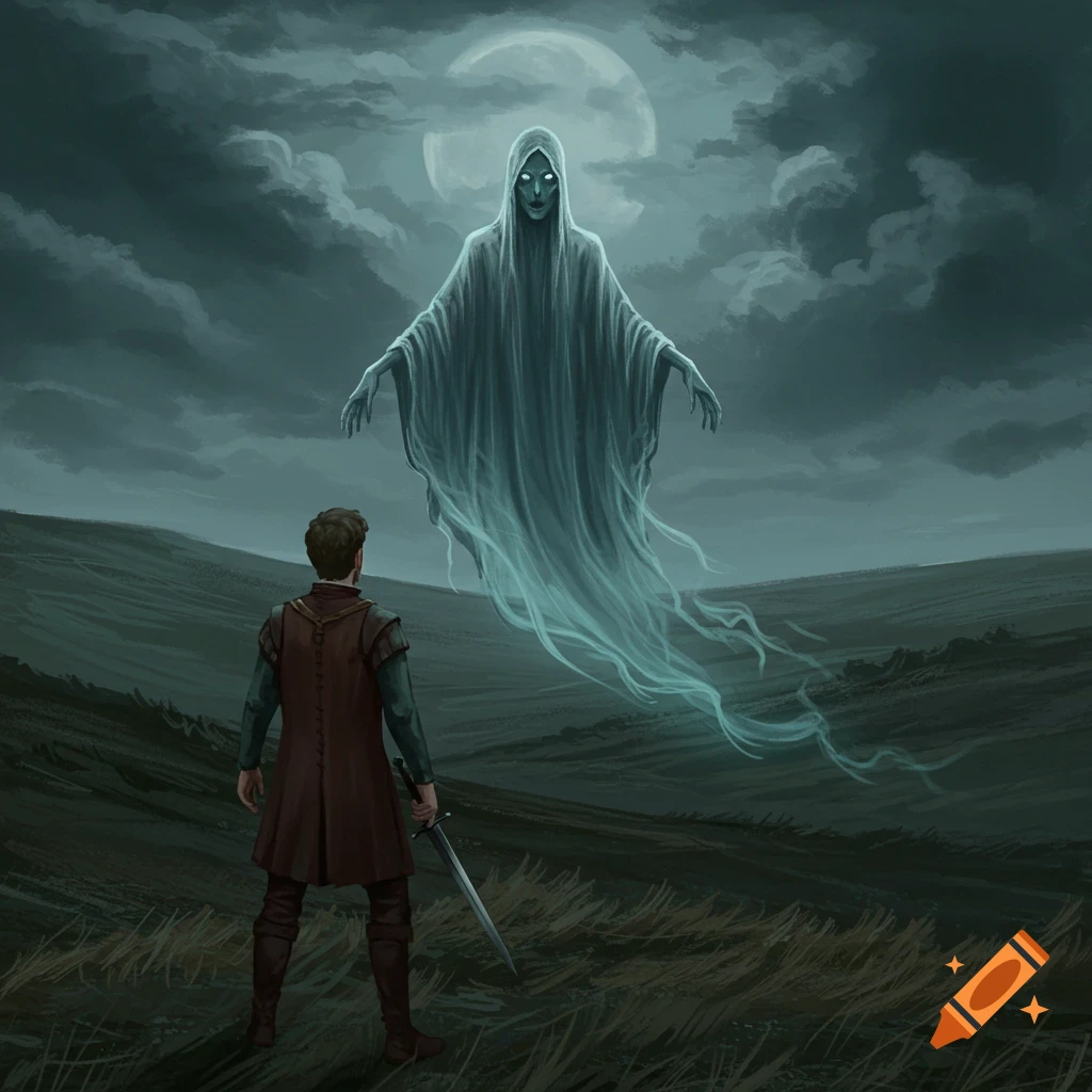 A man with a sword faces a large, glowing ghost in a dark, cloudy landscape under a moon.
