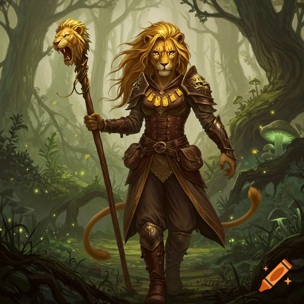 A humanoid lioness character in armor holding a staff in a forest.