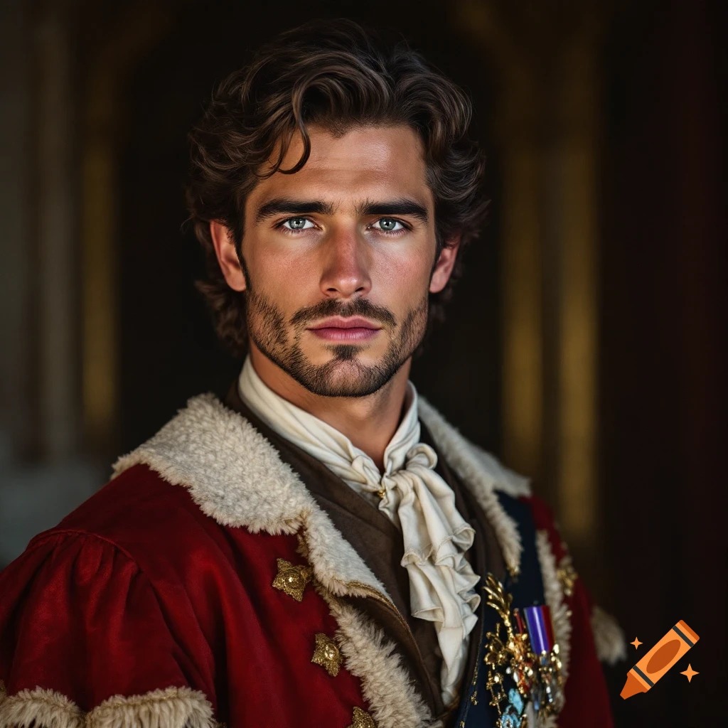 A portrait of a handsome man in historical attire, wearing a red coat with fur trim and medals.