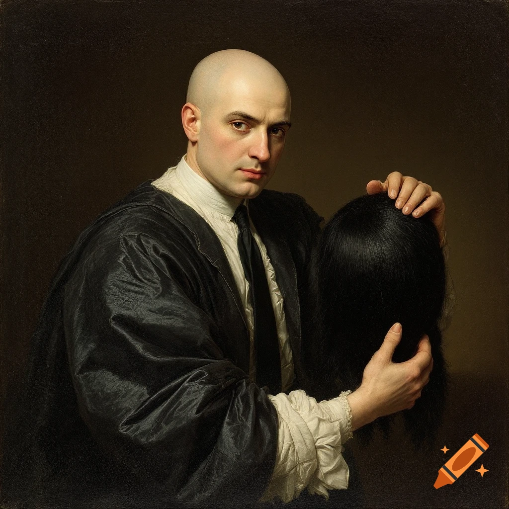 A bald man in a suit holds a black wig in a portrait painting style.