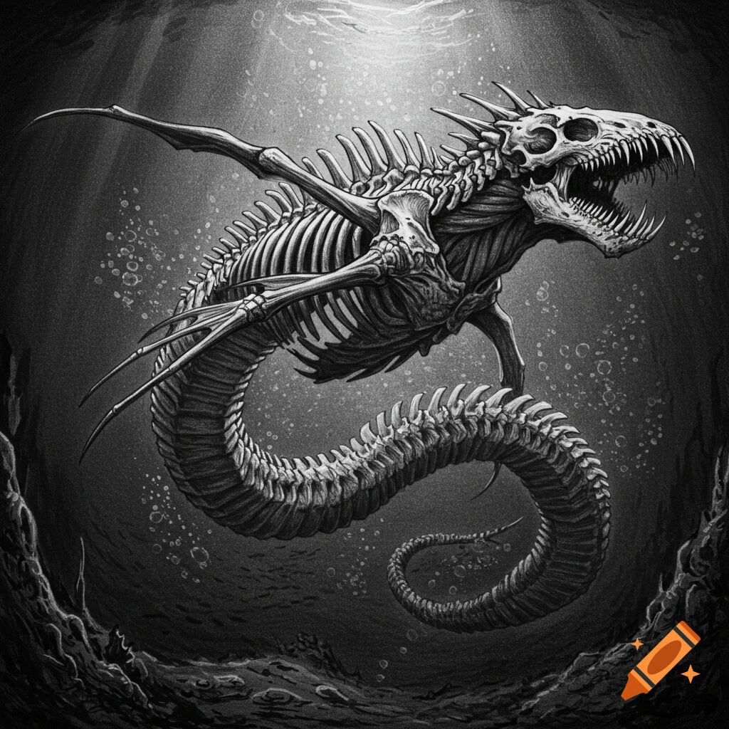 Monochrome pencil drawing of a skeletal sea monster swimming in a dark abyss.