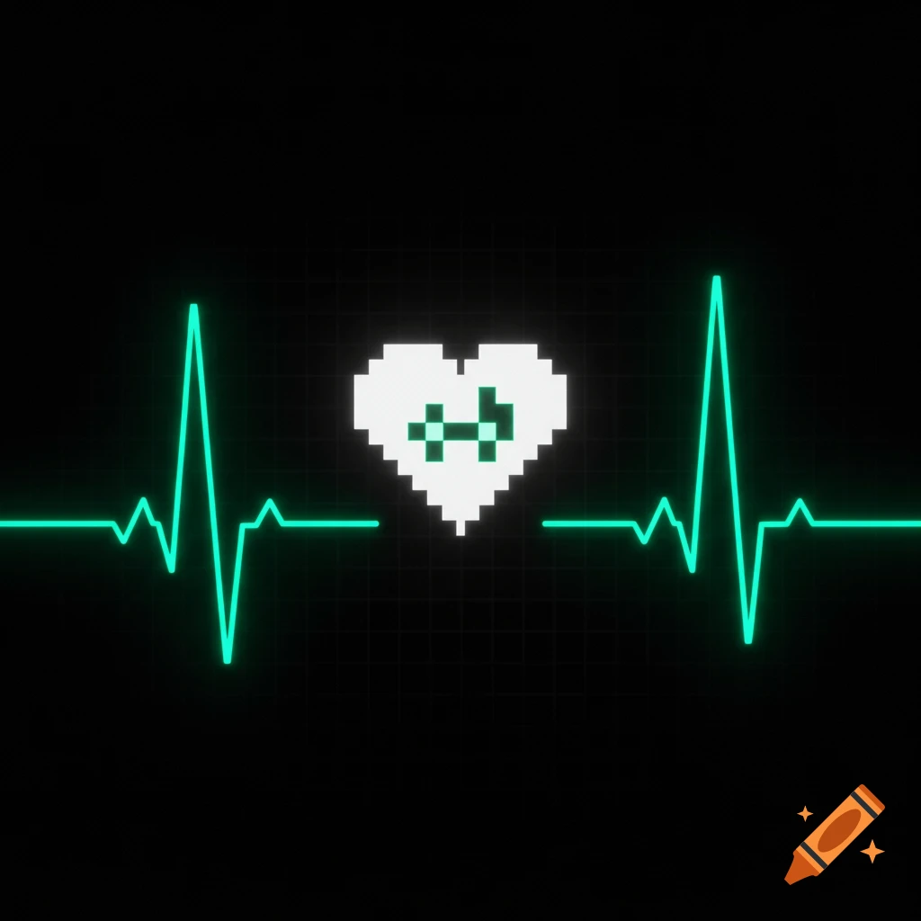 Pixelated heart icon on a green heartbeat monitor line against a grid background.