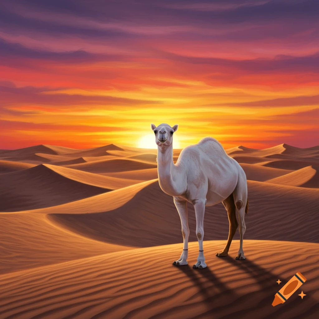A white camel stands on a sand dune during a vibrant desert sunset.