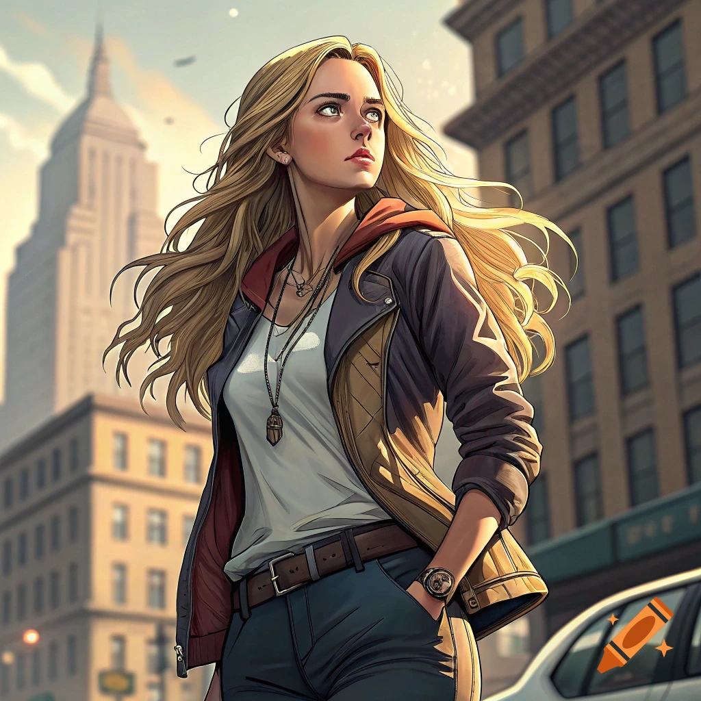 Illustrative image of a woman in a jacket and jeans standing in a city street, looking up.