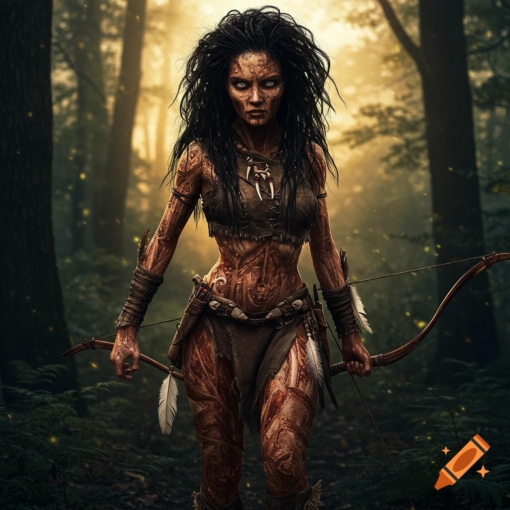 A huntress with tribal markings stands in a sunlit forest holding a bow.