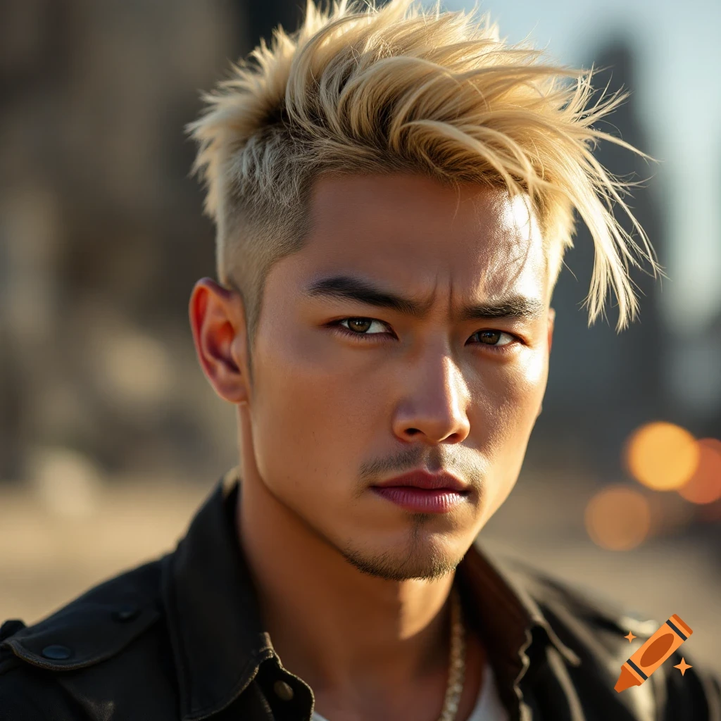 Close-up photorealistic portrait of a man with blonde hair and a serious expression.