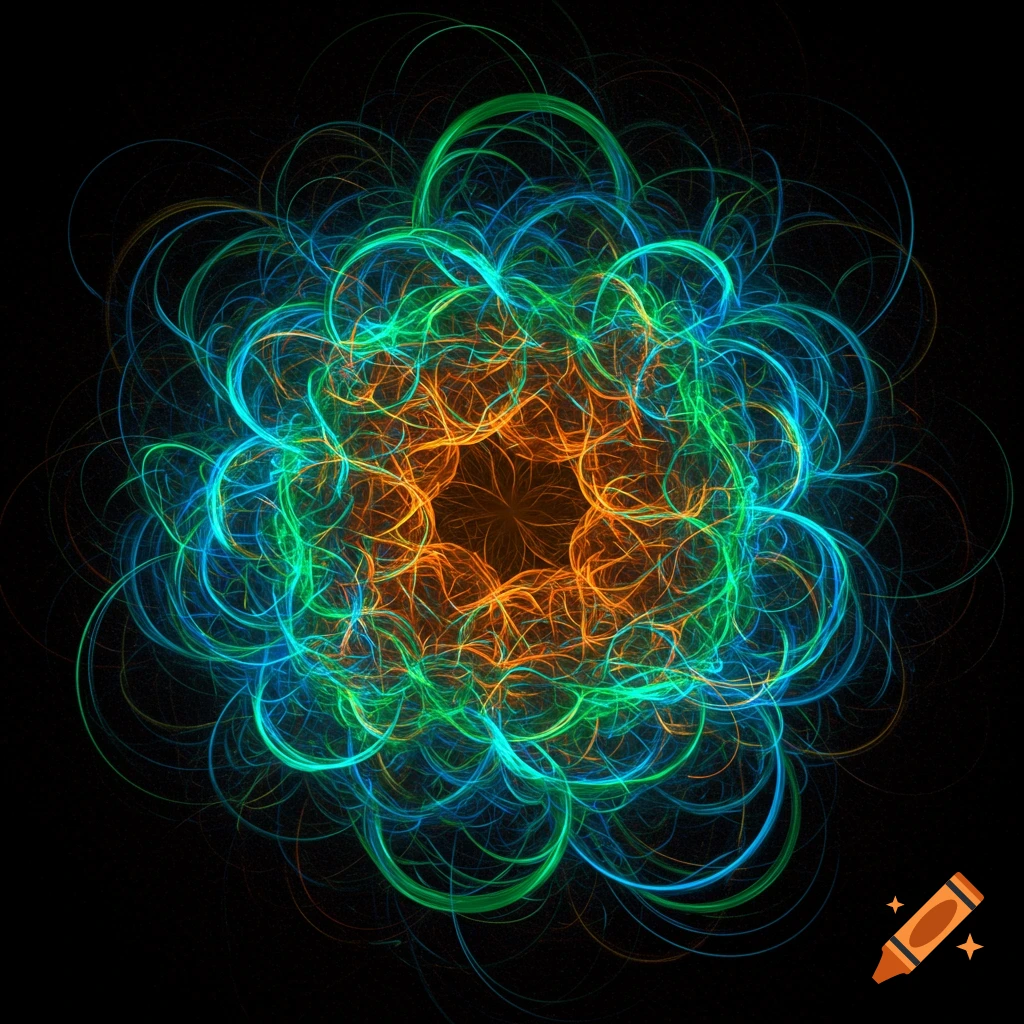 An abstract image of a swirling pattern of green, blue, and orange lines and curves on a black background.