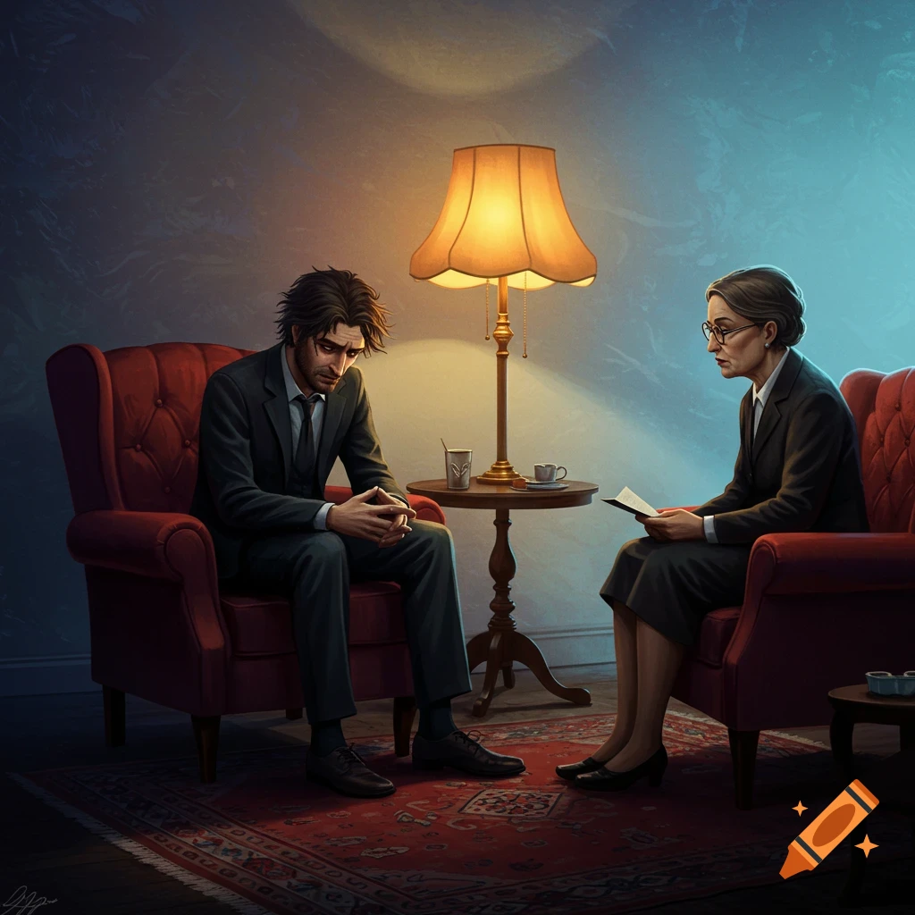 A therapy session with a man talking to a therapist.