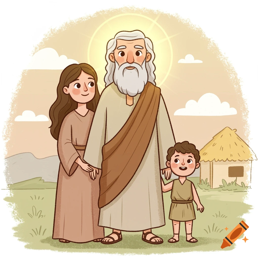 A cartoon illustration of an elderly man with a beard, a woman, and a young child standing together, with a hut in the background.