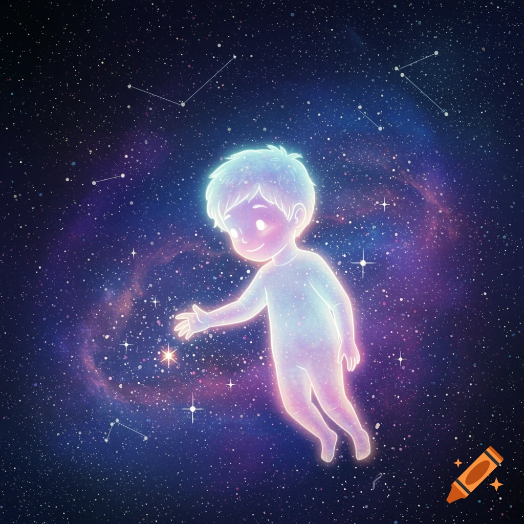 A luminous child-like figure floats in space, reaching for a star, surrounded by stars and nebulae.