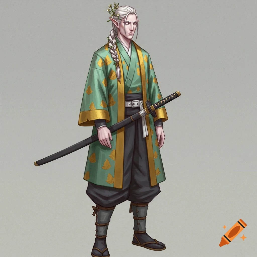 A swordsman in a green and gold kimono holding a katana.