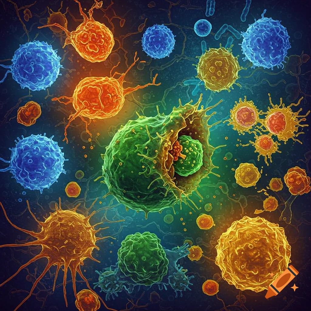 Colorful immune system cells or microorganisms.