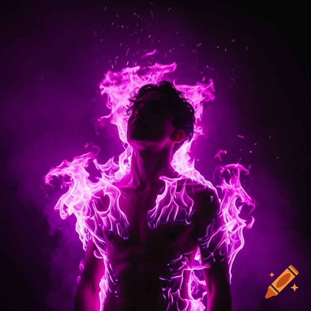 A person looking up, engulfed in glowing violet flames on a dark background.
