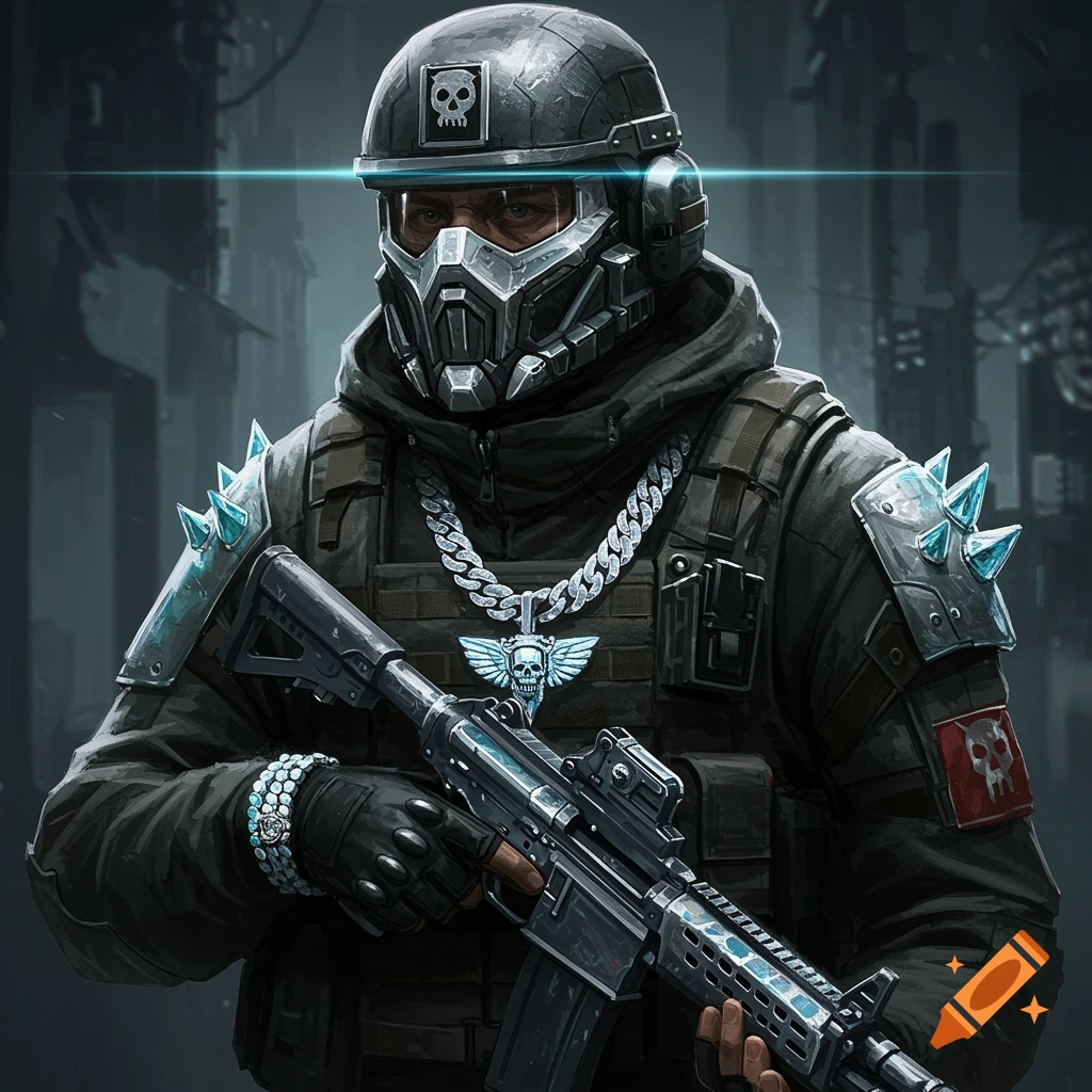 A tactical soldier in futuristic gear with a mask, helmet, jewelry, and rifle stands in a dark urban setting.