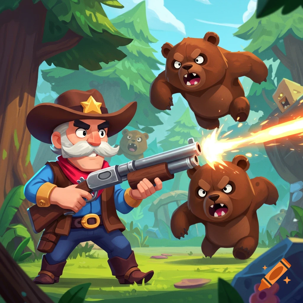 A cartoon cowboy shoots at attacking bears in a forest.