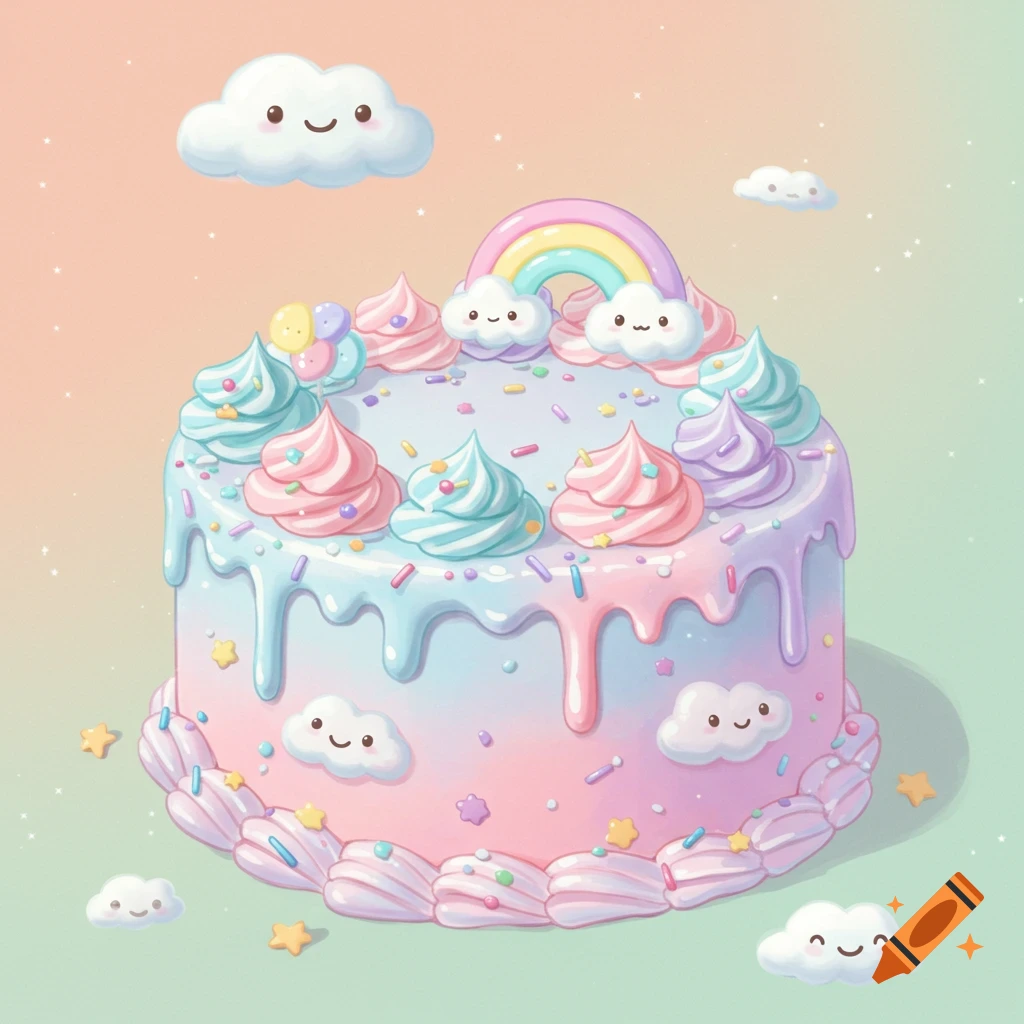 A cute, pastel-colored cake decorated with frosting, sprinkles, a rainbow, and smiling clouds in a kawaii style.