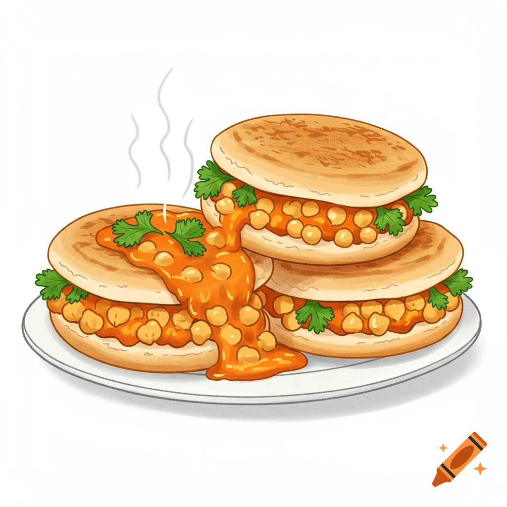 Cartoon illustration of doubles, a Trinidadian dish, on a plate.