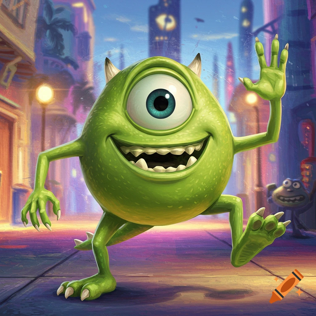 Mike Wazowski walking and waving in a city street.