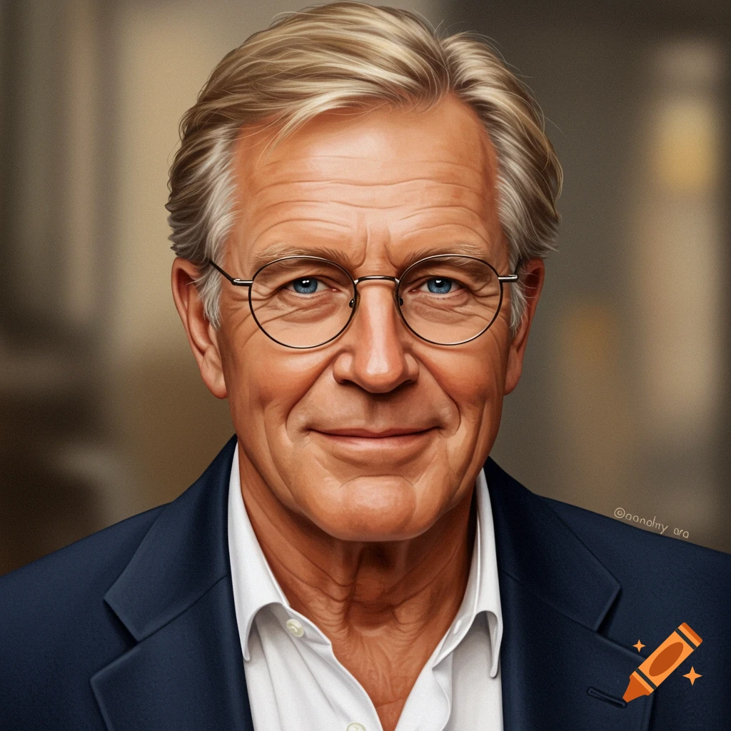 Portrait of an older man with blonde hair, glasses, and blue eyes