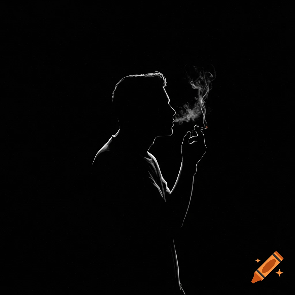 Silhouette of a man smoking against a black background.