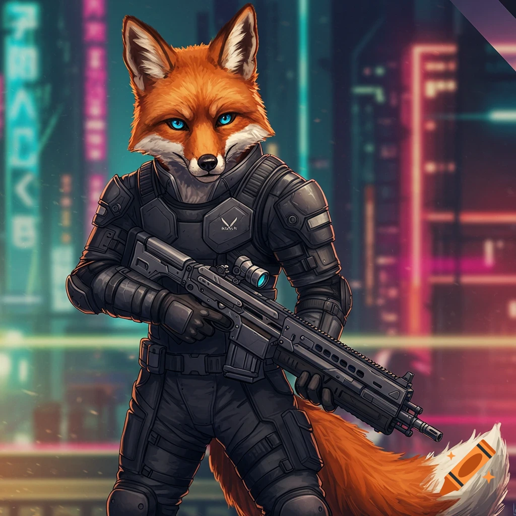 Anthropomorphic fox in tactical gear holding a rifle in a neon-lit cyberpunk city.