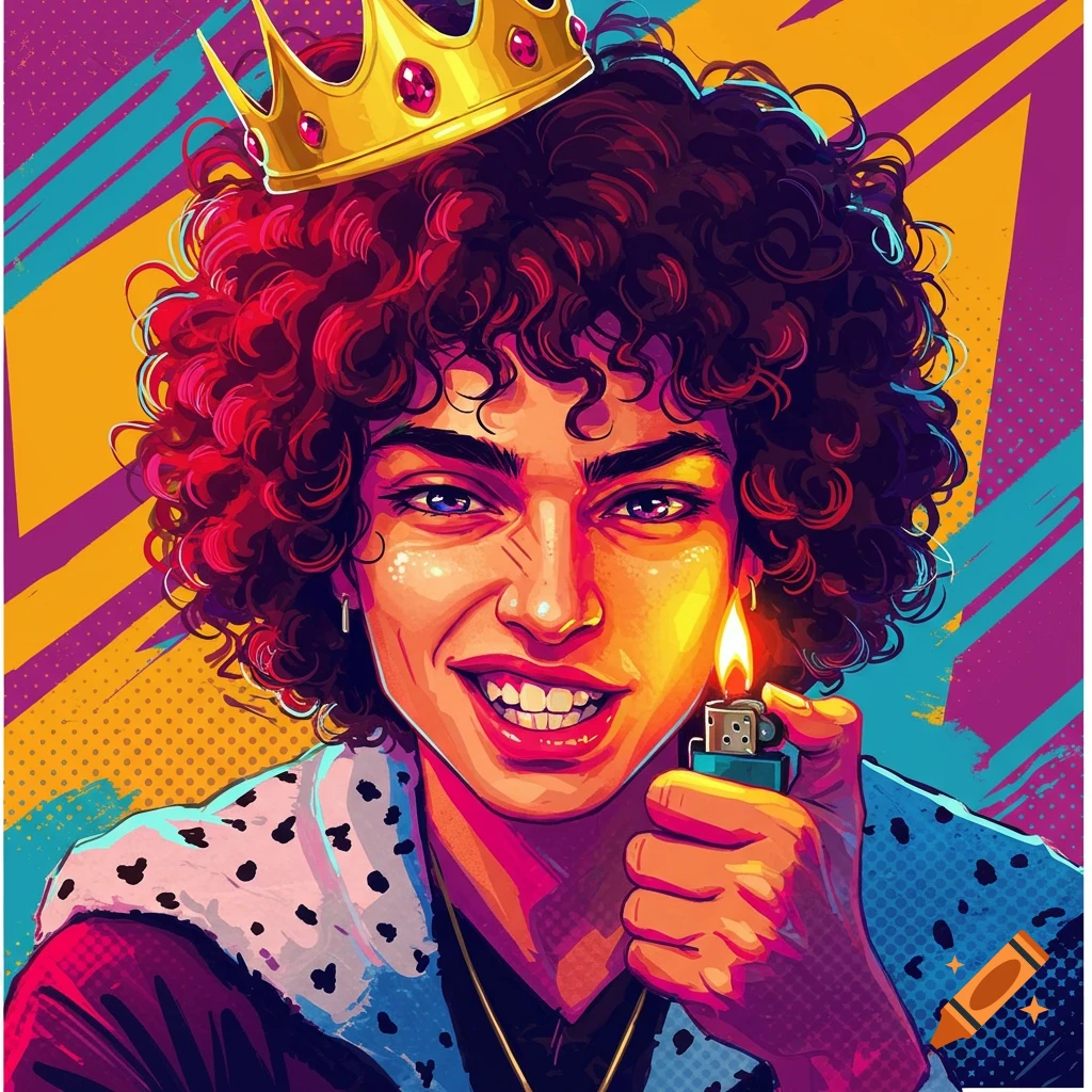Stylized portrait of a person with curly hair and a crown holding a lit lighter.