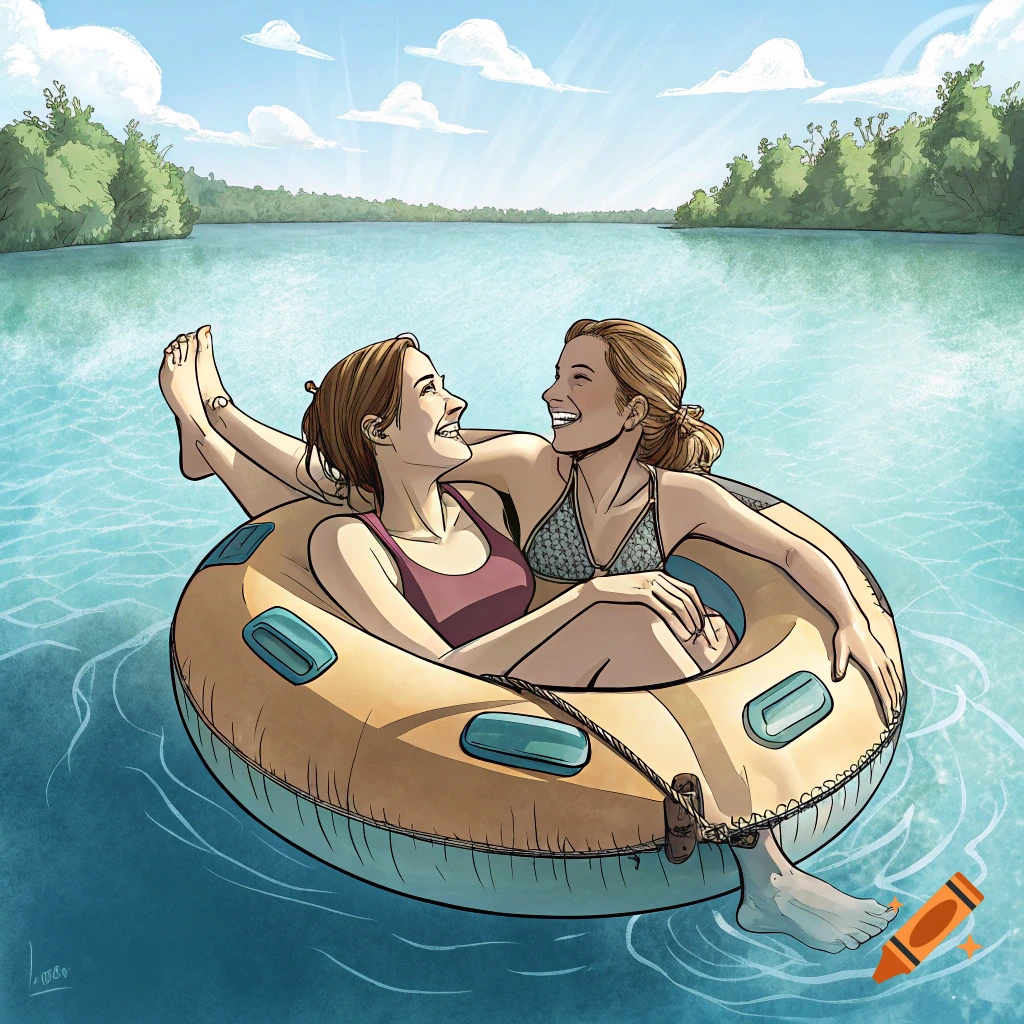 Two women smiling while floating in an inner tube on a lake. Illustration.
