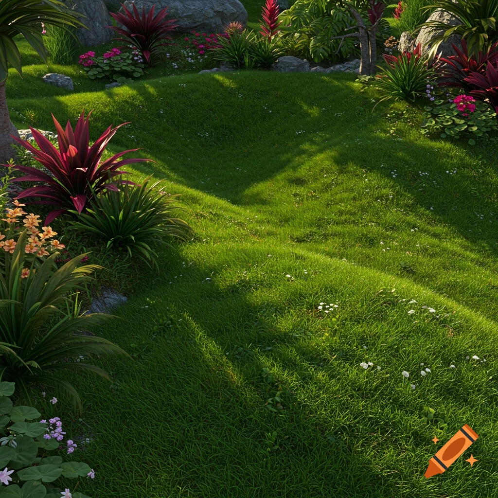 A lush green landscape with grass, colorful plants, rocks, and shadows.