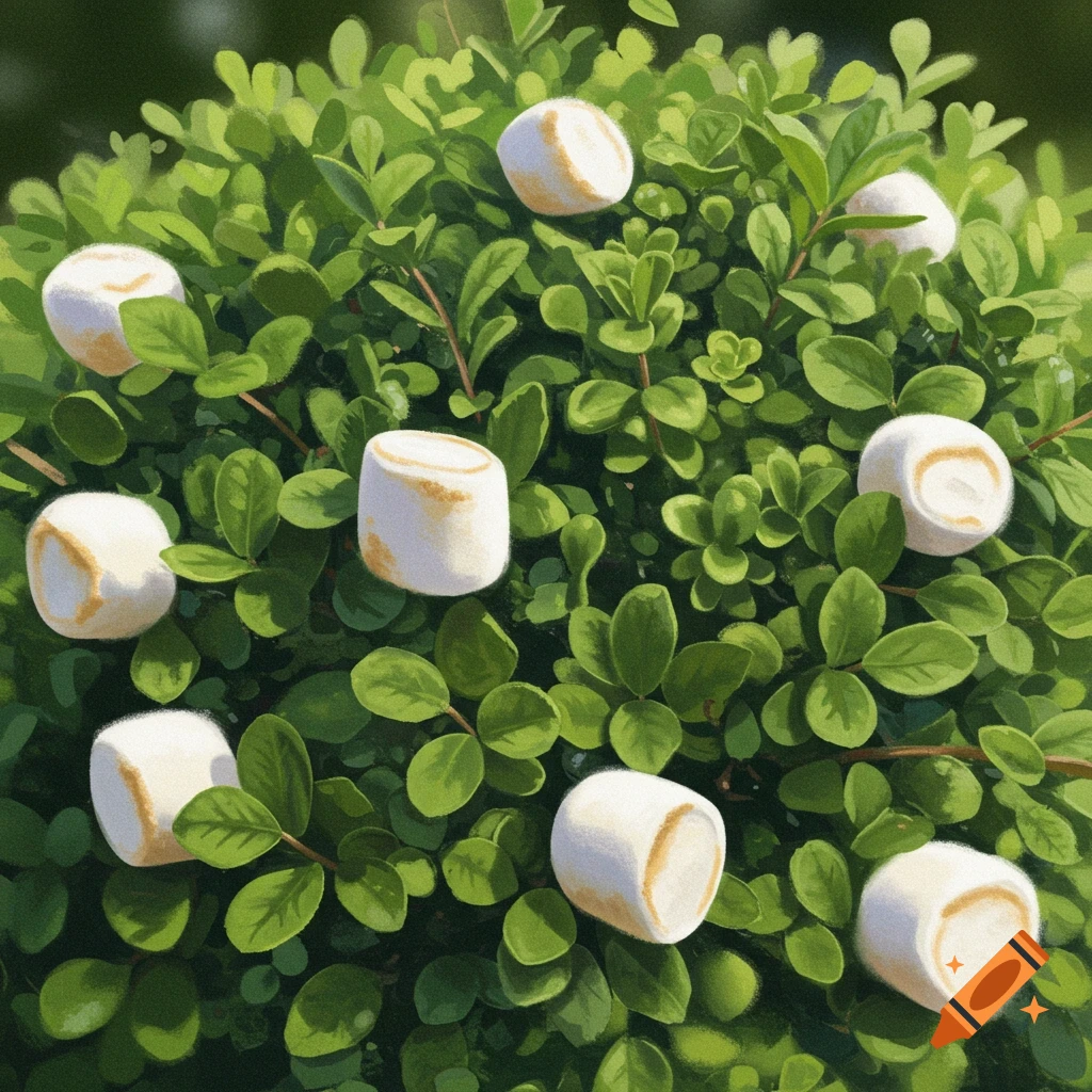 A green bush bears marshmallows as its fruit.