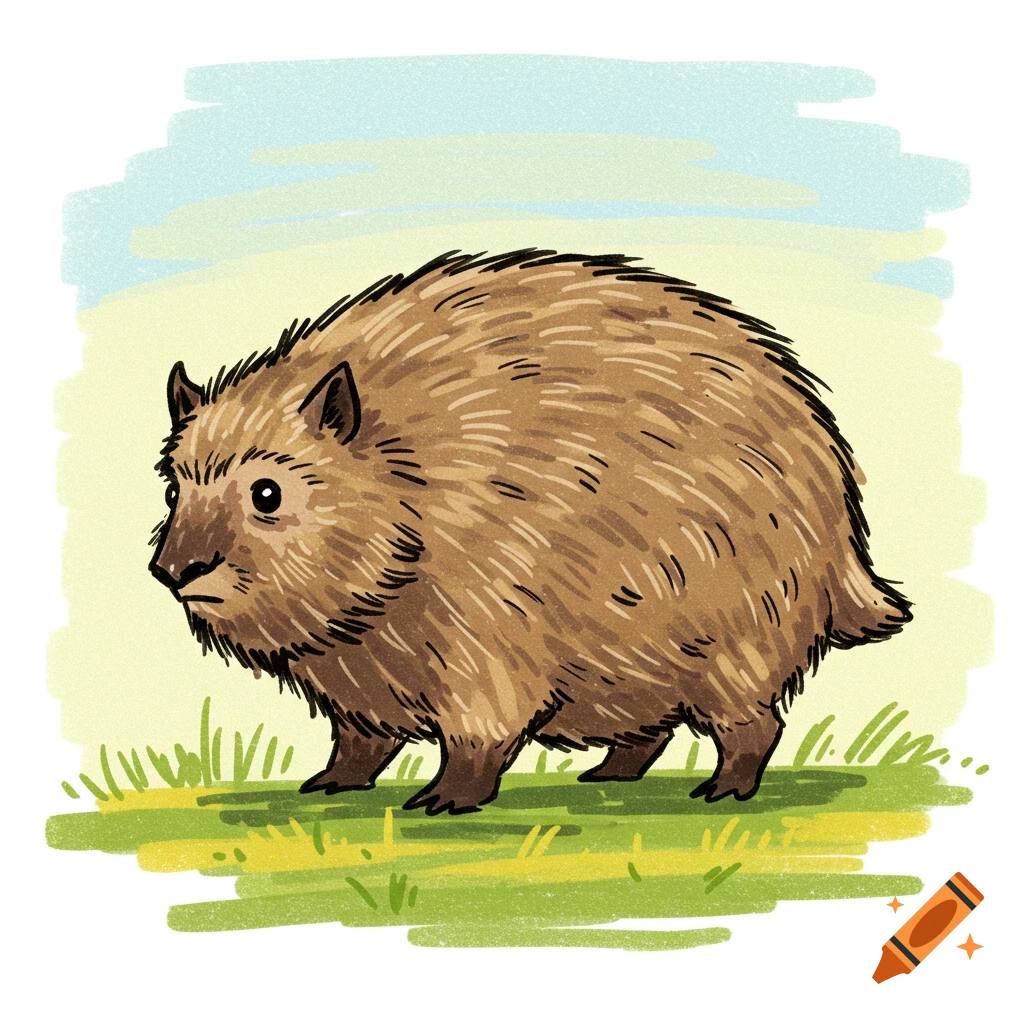 Primitive illustration of a brown, furry animal standing on grass.