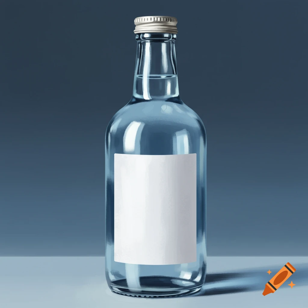 A clear glass bottle with a blank white label.