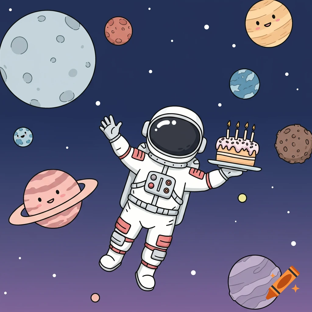 Cartoon astronaut holding a birthday cake floats among smiling planets and stars in space.