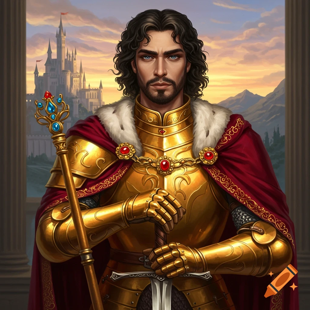 A king in golden armor and red cape, holding a sword and scepter, with a castle in the background.