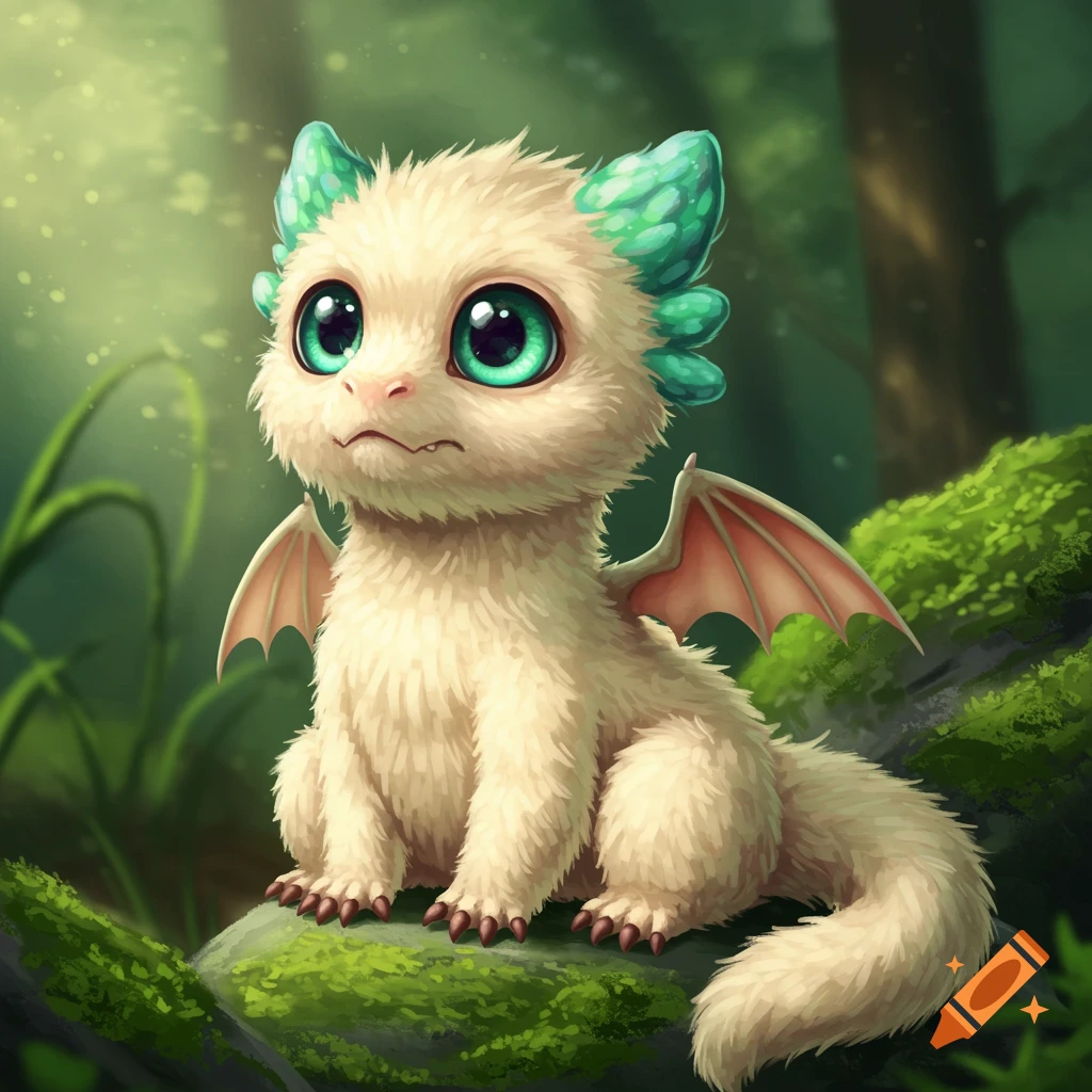 Cute fluffy baby dragon with big green eyes sitting on a mossy rock in a forest.