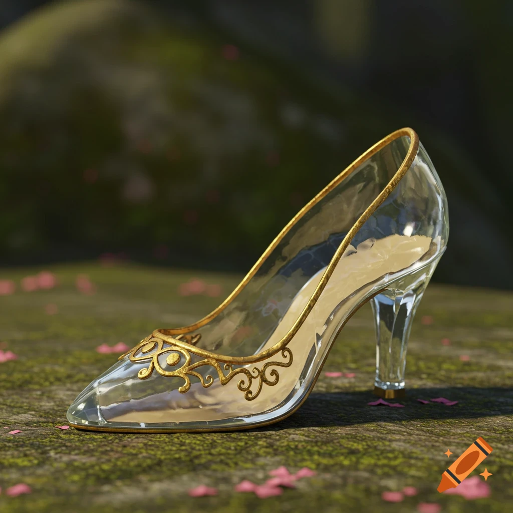 A close-up of a glass slipper with gold trim on mossy ground.