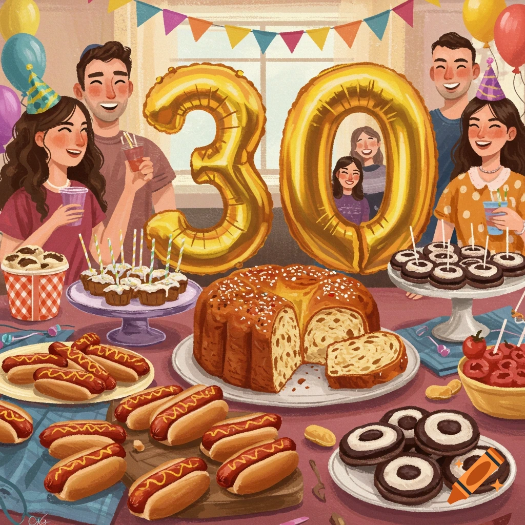30th birthday party with guests, number 30 balloons, hot dogs, babka cake, and cookies.