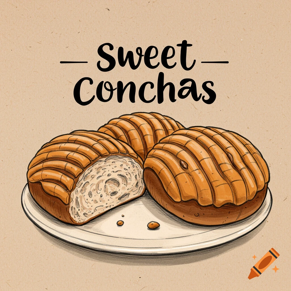 Illustration of sweet concha bread on a plate with text 'Sweet Conchas'.