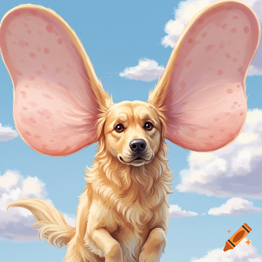 A golden retriever dog with extremely large ears like Dumbo flying through a cloudy sky.