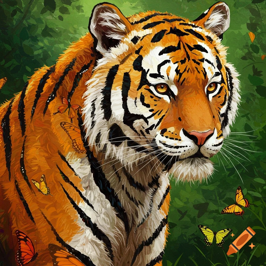 A tiger is surrounded by orange and yellow butterflies in a forest.