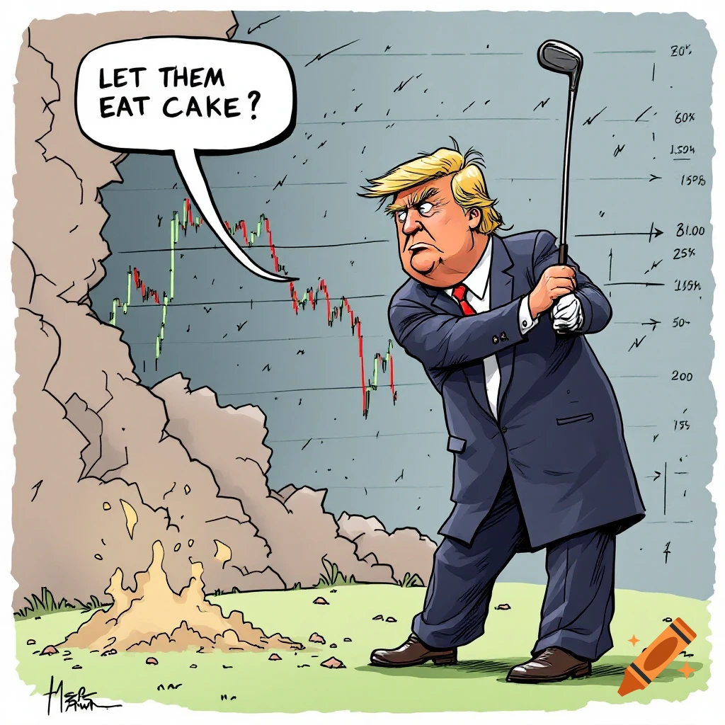 Cartoon of Donald Trump playing golf in front of a crashing stock market graph. He is saying "Let them eat cake?".