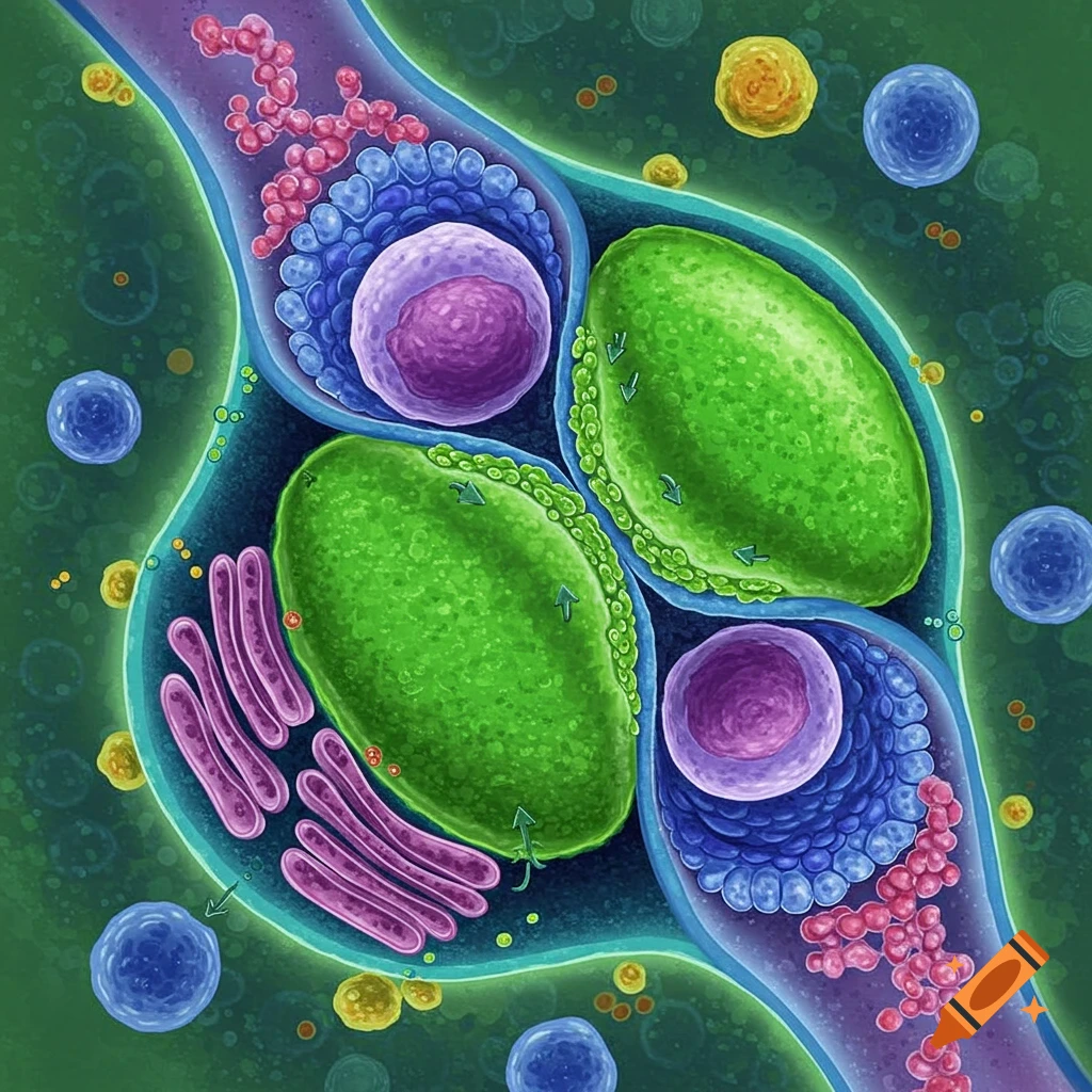 Digital illustration of microscopic biological structures including cells, organelles, and vessels.