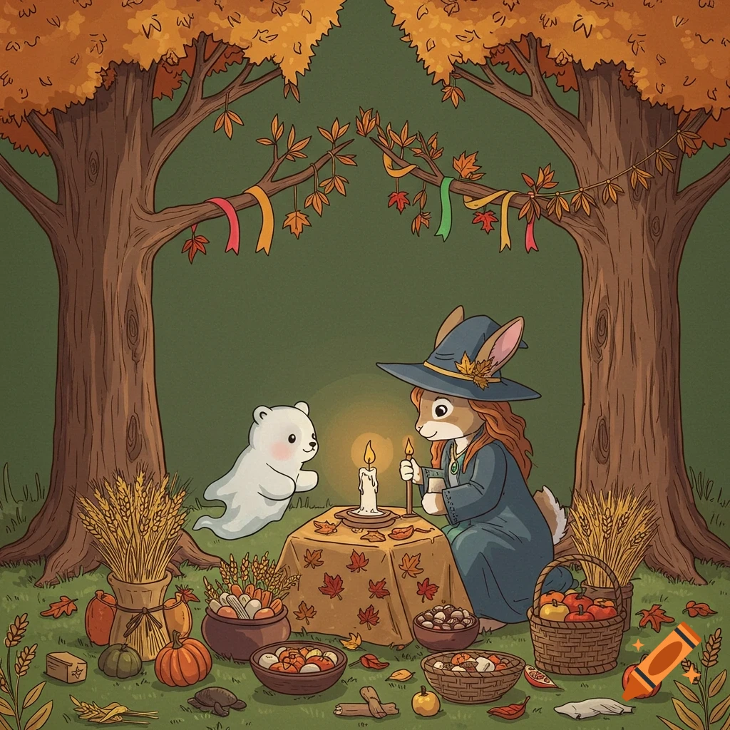 A cartoon bunny witch and ghost bear light a candle at an autumnal altar between trees.